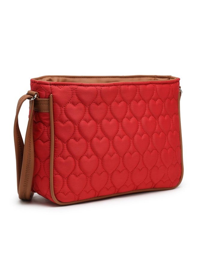 Anekaant Amour Valentine Red & Tan Polyester & Vegan Leather Heart Quilted Sling Bag - Image 4